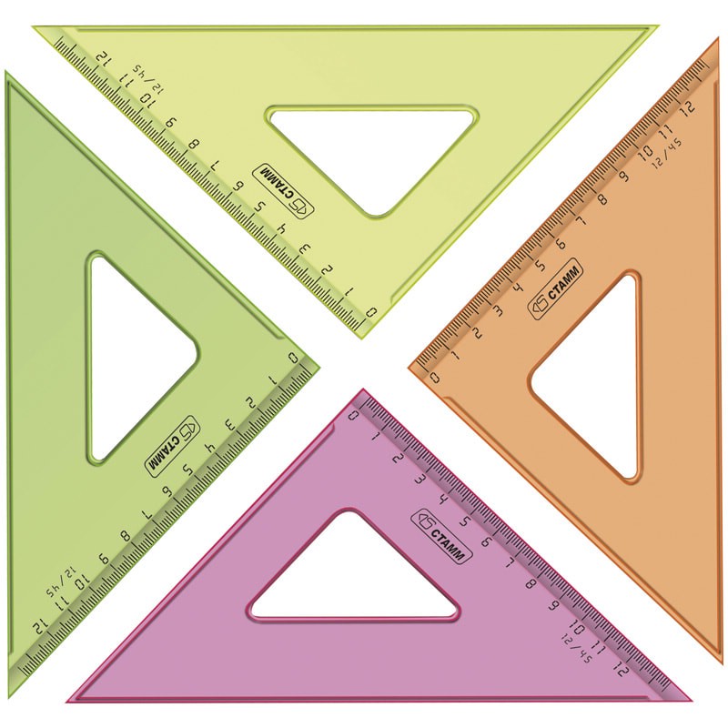 Треугольник 45°, 12см Стамм, прозрачный флуоресцентный, пластиковый, 4 цвета
