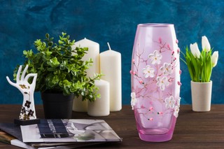 Ваза-бочонок 'Весеннее цветение' на розовом 11х11х26 см, стекло 3