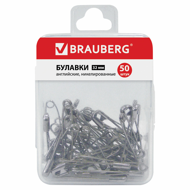 Булавки английские BRAUBERG, никелированные, 50 шт.