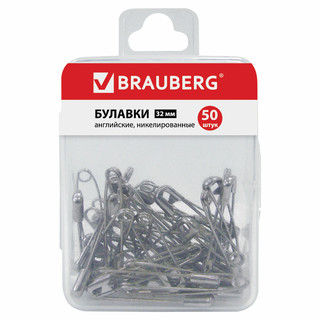 Булавки английские BRAUBERG, никелированные, 50 шт.