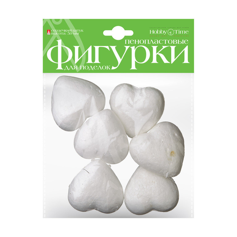 Пенопластовые фигурки 'Сердечки', 50 мм (6 штук) Hobby Time, цвет белый