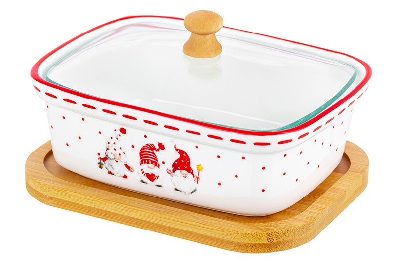 Паштетница 'Веселые гномики' 330 мл, стеклянная крышка, деревянная подставка