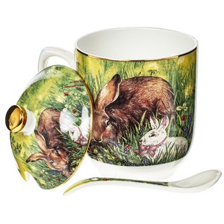 Кружка с крышкой и ложкой 'Кролики' 2