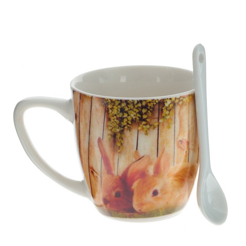Кружка с ложкой 'Кролики', рисунок в ассортименте