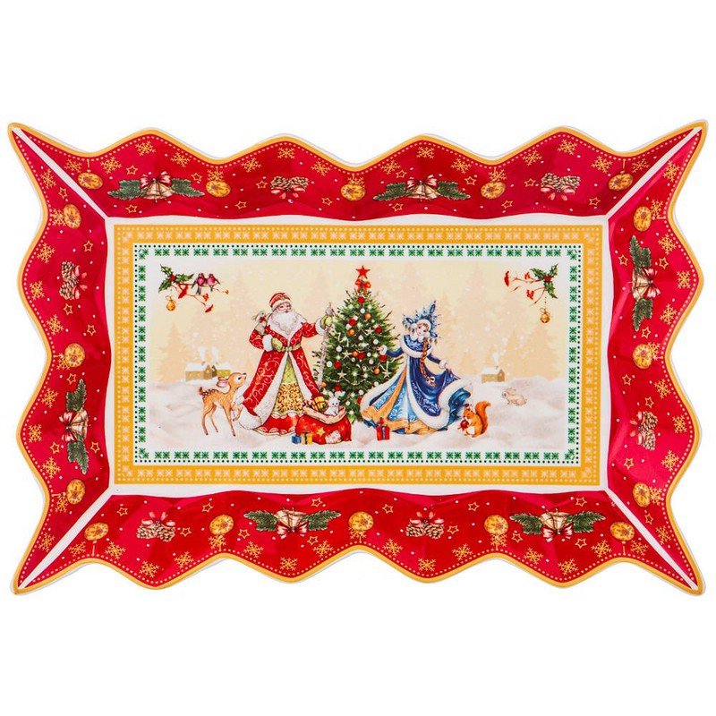 Блюдо 'Дед Мороз и Снегурочка' фигурное красное, 25 см