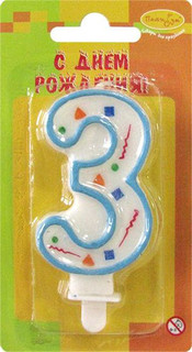 Пати Бум Свеча для торта Цифра 3 Конфетти цвет голубой