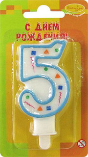 Пати Бум Свеча для торта Цифра 5 Конфетти цвет голубой