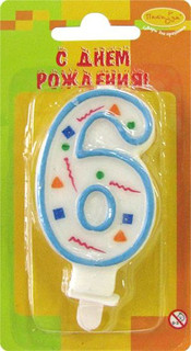 Пати Бум Свеча для торта Цифра 6 Конфетти цвет голубой