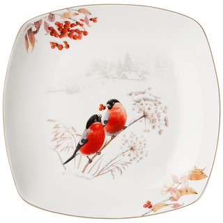 Блюдо 'Лесная сказка' (снегири) 25 см, квадратное