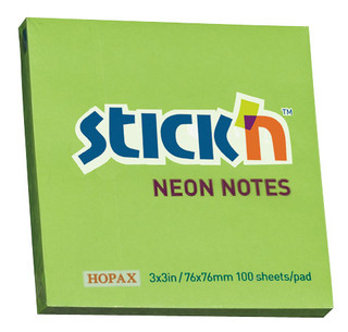Блок Hopax Stick'n неоновый самоклеящийся зеленый 76 x 76 мм 100 листов