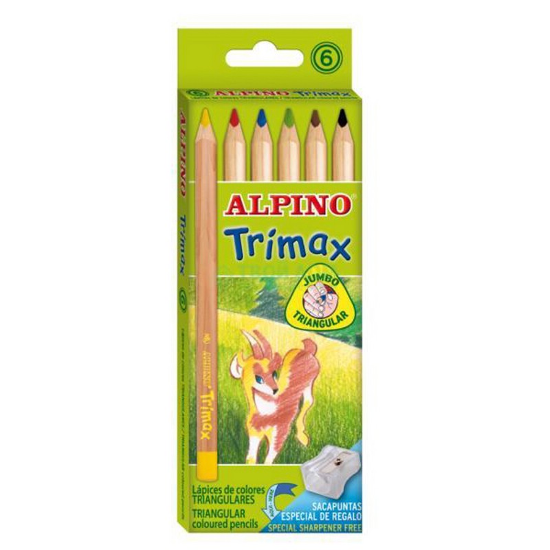 Карандаши 6 цветов утолщенные, треугольные, с точилкой, Alpino TRIMAX