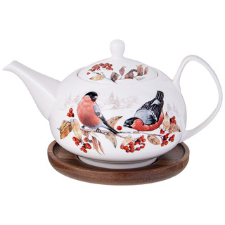 Чайник 'Лесная сказка' Снегири 930 мл, на деревянной подставк...