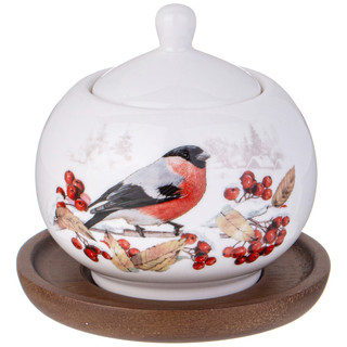 Сахарница 'Лесная сказка' Снегири 380 мл, на деревянной подставке, Lefard 3