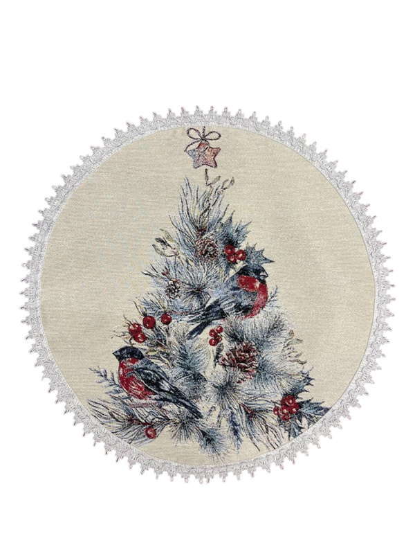 Салфетка круглая 'Снегири. Елка' 45 см, гобелен, серебро, Le Gobelin