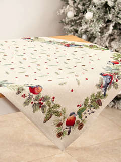 Скатерть 'Новогодние друзья, Снегири' 100х100 см, гобелен, серебро, Le Gobelin 2