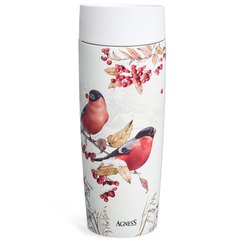 Термокружка Agness Снегири 360 мл, колба нержавеющая сталь
