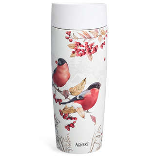 Термокружка Agness Снегири 360 мл, колба нержавеющая сталь 3