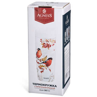 Термокружка Agness Снегири 360 мл, колба нержавеющая сталь 9