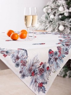 Скатерть 'Снегири' 100х100 см, гобелен, серебро, Le Gobelin