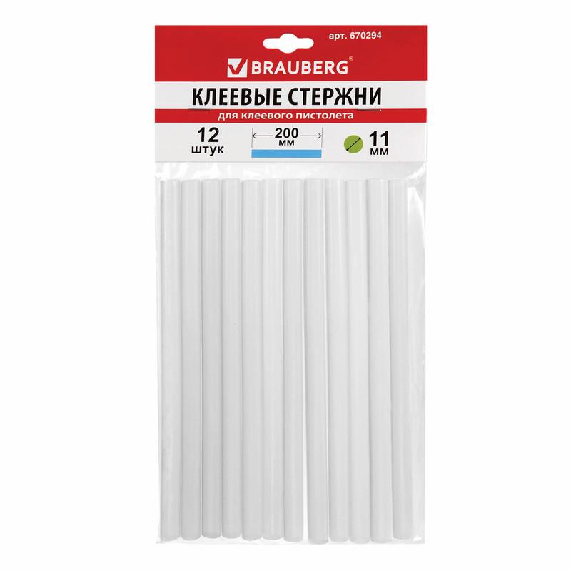 Клеевые стержни BRAUBERG, диаметр 11 мм, длина 200 мм, 12 шт, прозрачные