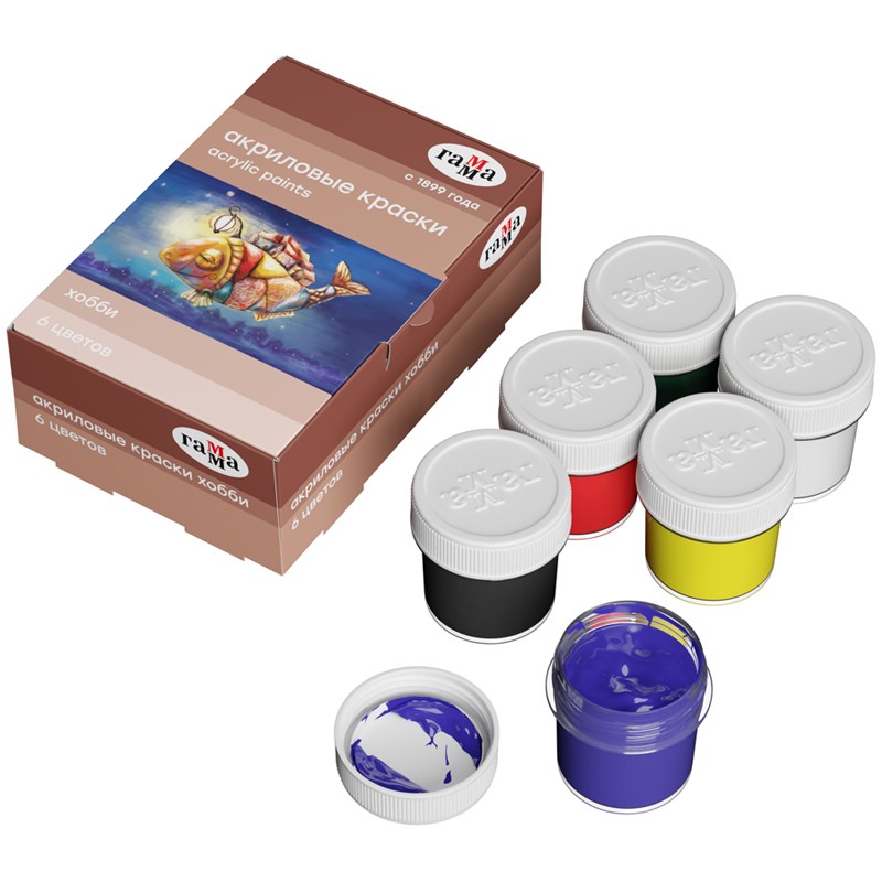 Краски акриловые декоративные Хобби 6 цветов по 20 мл, картон. упаковка ...