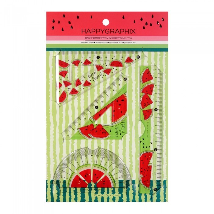 Набор геометрический 'HappyGraphix. Арбуз' (транспортир, линейка, два треугольника)