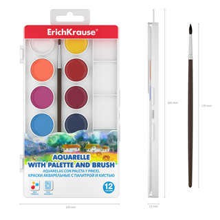 Краски акварельные 12 цветов, с палитрой и кистью, ErichKrause 6