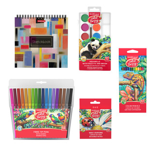 Набор для творчества 5 предметов (фломастеры, мелки, краски акварельные, цветные карандаши, альбом для эскизов) 2