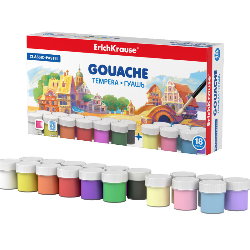 Гуашь 18 цветов по 20 мл, ErichKrause Classic + Pastel, темпера