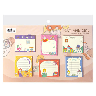 Набор бумаги с липким слоем "Котики и девочки": 6 шт по 20 листов 5х6 см, Alingar, персиковый
