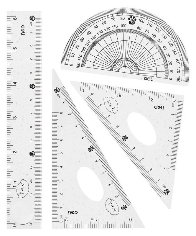 Набор чертежный 4 предмета, малый (линейка 15 см, 2 треугольника, трансп), пластик, ПВХ-чехол в ассортименте