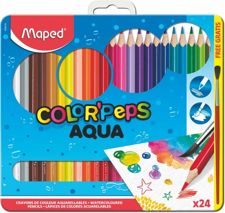 Карандаши акварельные 24 цвета с кистью, Maped Color Peps Aqua, металлическая коробка