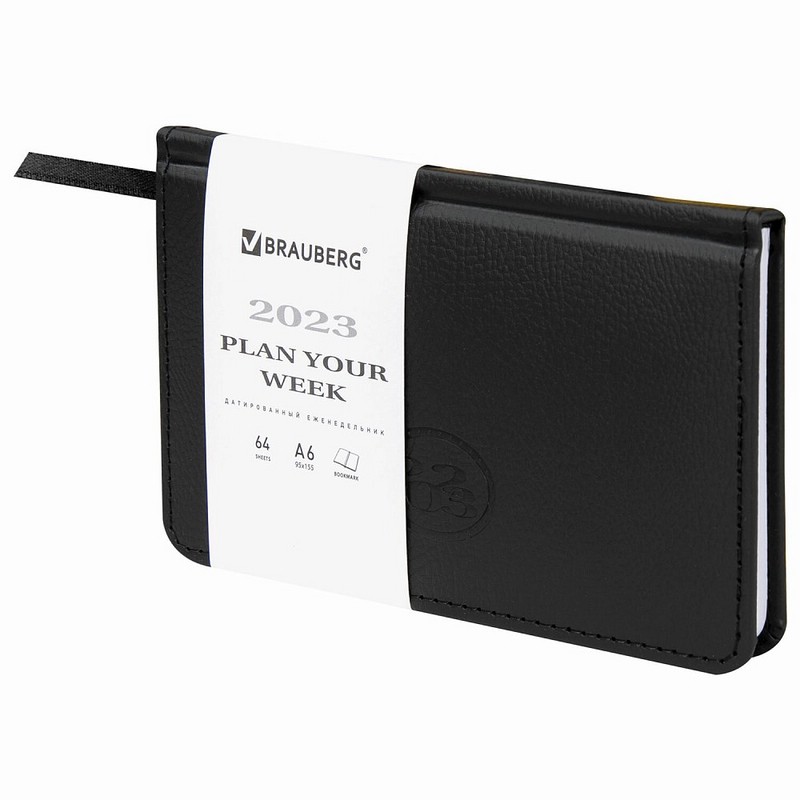 Еженедельник на 2023г Favorite А6 95х155мм, под кожу, Brauberg, черный