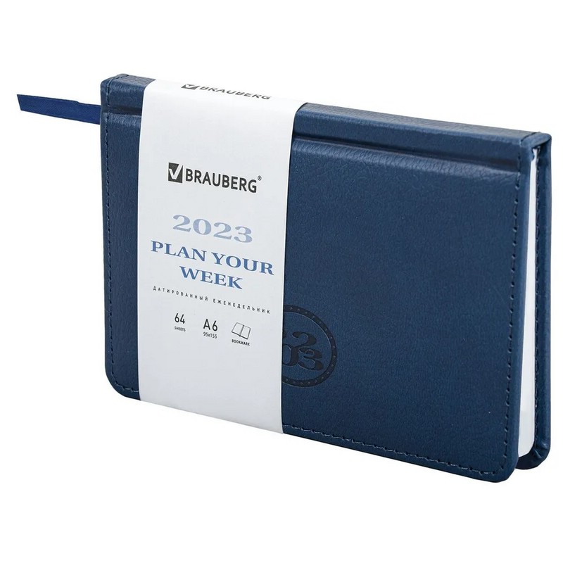 Еженедельник на 2023г Favorite А6 95х155мм, под кожу, Brauberg, синий