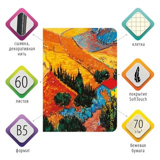 Тетрадь В5, 60 л, клетка, обложка 'Ван Гог' SoftTouch, сшивка, BRAUBERG 2