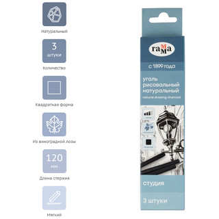 Уголь натуральный 'Студия' виноградный, мягкий, квадратный, 3 шт, ГАММА 2