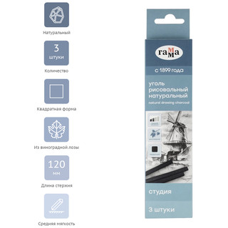 Уголь натуральный 'Студия' виноградный, средней мягкости, квадратный, 3 шт, ГАММА 2