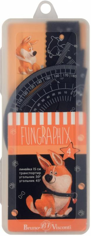 Набор измерительных металлических инструментов FunGraphix: транспортир, линейка, два треугольника