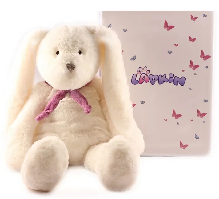 Заяц, 40 см, белый с фиолетовым шарфиком, Lapkin