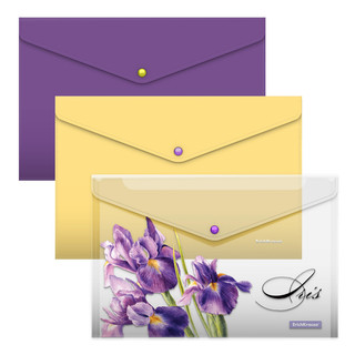 Набор из 3-х папок-конвертов на кнопке А4, Soft Iris, полупрозрачный пластик, ErichKrause