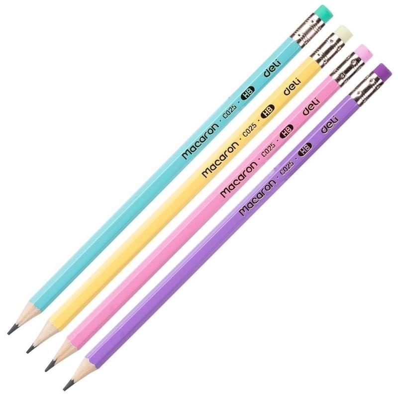 Карандаш чернографитный Deli Macaron HB деревянный с ластиком в ассортименте
