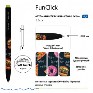 Ручка шариковая 'FunClick. Food in black' 0.7 мм, синяя, в ассортименте 3