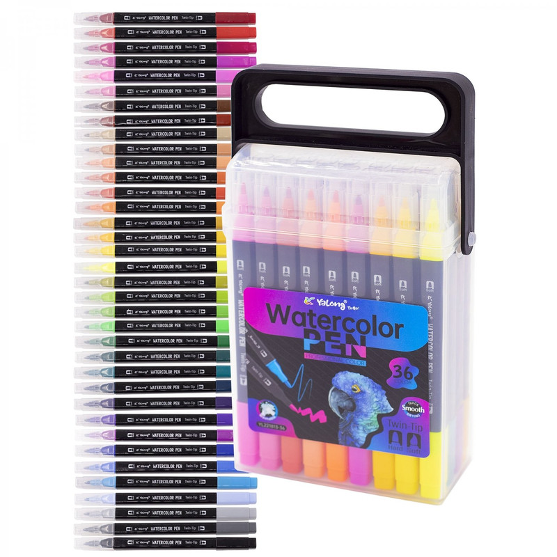 Фломастеры двухстороние 36 шт / 36 цвета, Yalong, пластиковый пенал с ручкой