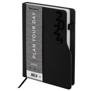 Ежедневник датированный 2024 BRAUBERG 'Up', формат А5 150x213 мм, софт-тач, держатель для ручки, черный, 114909
