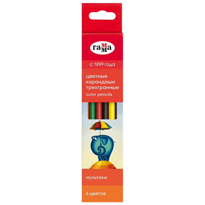Карандаши цветные 6 цветов 'Мультики' трехгранные, заточенные, картонная упаковка