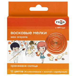 Мелки восковые 'Оранжевое солнце' 12 цветов (классич. + золото + серебро), круглые 2