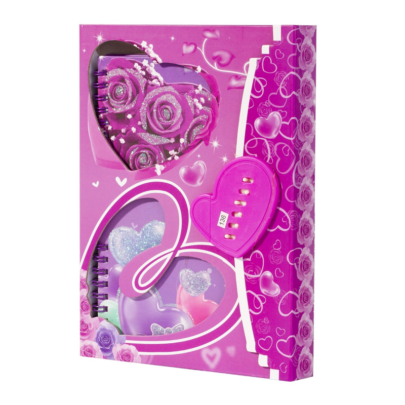 Подарочный блокнот в футляре с замочком, на гребне 'Три сердца' сиреневый