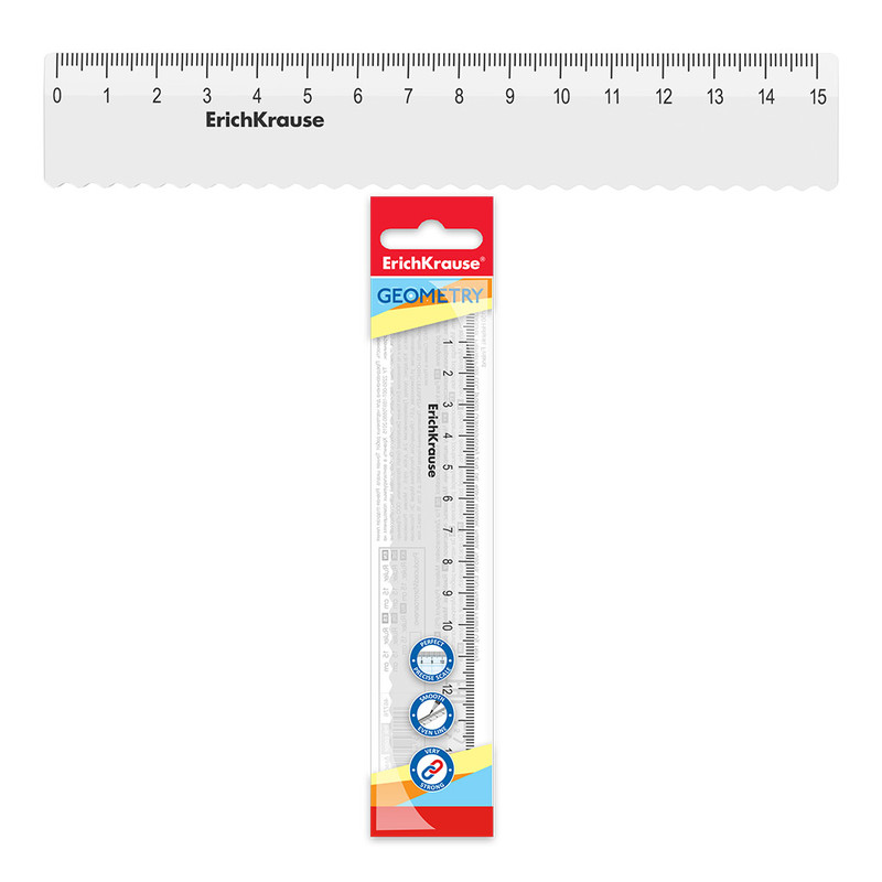 Линейка 15 см, с волнистым краем, прозрачный пластик, ErichKrause Clear