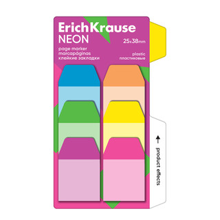 Клейкие закладки пластиковые ErichKrause Neon, 25X38 мм, 60 листов, 6 цветов