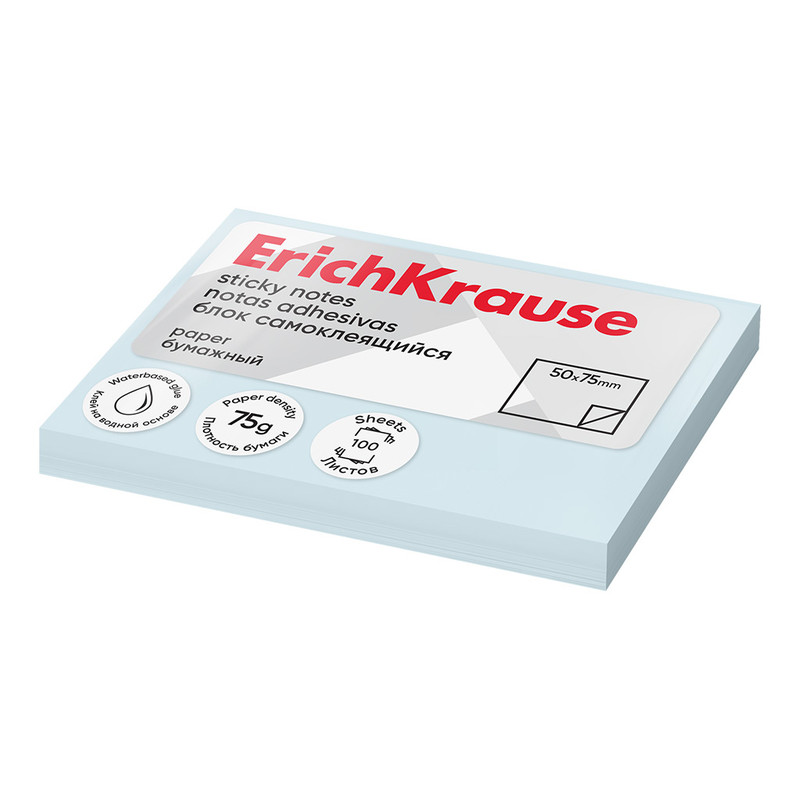 Блок самоклеящийся бумажный ErichKrause 75х50 мм, 100 листов, голубой